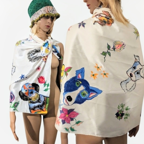 Jennifer Eve Art Accessories - Spring Silk/satin Scarf Hand painted One of A Kind "Best Friends" Dog Print